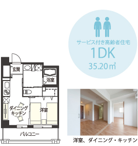 サービス付き高齢者住宅 1DK 間取り図（洋室、ダイニング・キッチン）