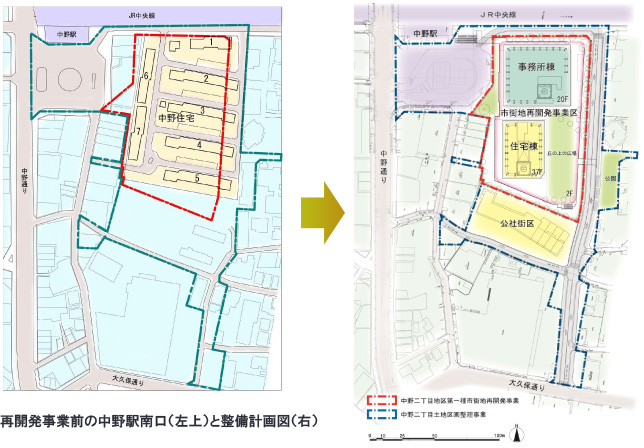 再開発事業前の中野駅南口（左）と整備計画図（右）