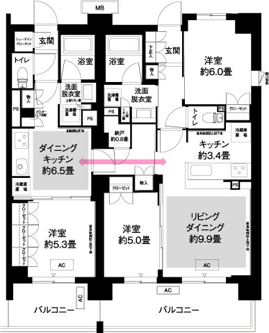 ファミリー世帯向け94.09㎡のL4タイプ（2LDK+1DK）