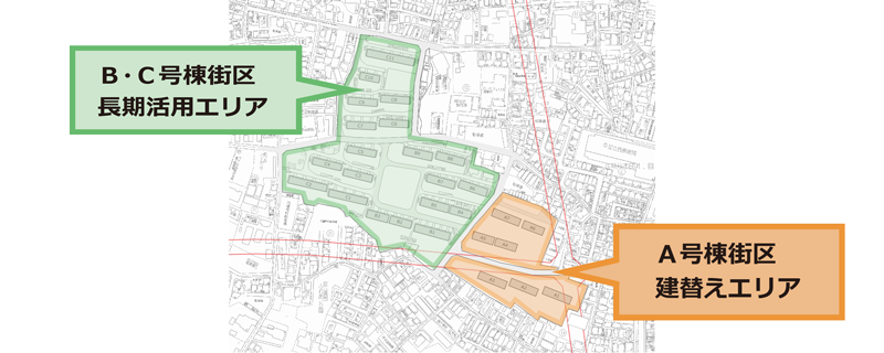 興野町長期活用エリアと建替えエリアの図